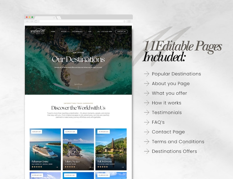 May include: A website design template displayed on a computer screen. The webpage features the text "Our Destinations" and "Discover the World with Us." The right side lists "11 Editable Pages Included:" with various page options.