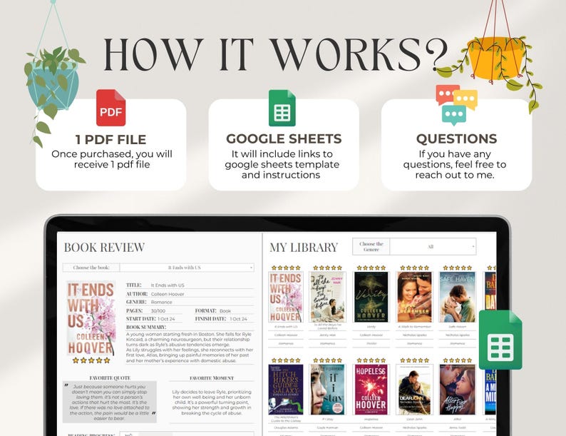 May include: A computer screen displaying a book review website with a list of books and their ratings. The website is titled "Book Review" and "My Library". The book review section shows a book cover for "It Ends With Us" by Colleen Hoover. The website has a search bar and a filter option to choose books by genre. The website also has a section for favorite quotes and favorite moments from the book.