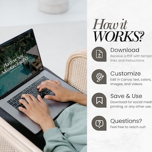 May include: A person using a laptop with the text "Plan Your Next Adventure Together" on the screen. The image also includes the text "How it WORKS?" with instructions to download, customize, and save. The person is sitting in a wicker chair.