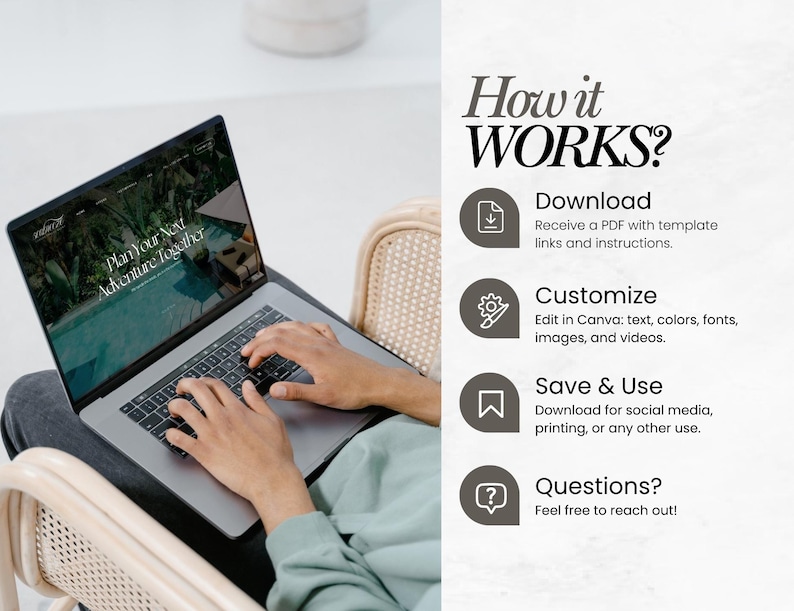 May include: A person using a laptop with the text "Plan Your Next Adventure Together" on the screen. The image also includes the text "How it WORKS?" with instructions to download, customize, and save. The person is sitting in a wicker chair.