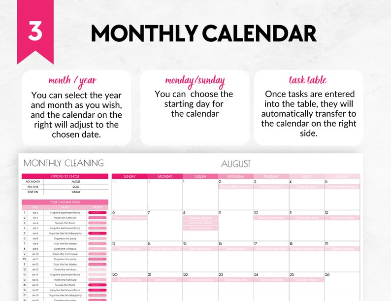 Op de afbeelding: Een roze en witte printbare maandelijkse kalender sjabloon met de tekst "Maandelijkse kalender" bovenaan. De kalender is voor augustus en bevat een sectie voor maandelijkse schoonmaaktaken.