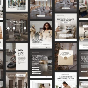 May include: A collage of promotional images for cleaning services. The images feature text like "Cleaning Services," "Professional Cleaning," and "Book Your Professional Cleaning." The images also show before and after shots of cleaned spaces.