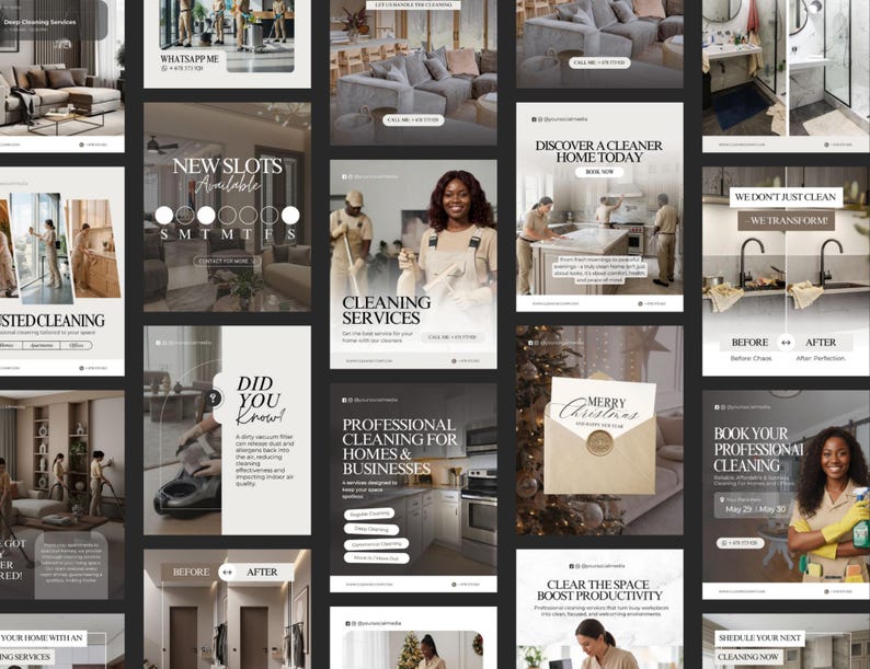 May include: A collage of promotional images for cleaning services. The images feature text like "Cleaning Services," "Professional Cleaning," and "Book Your Professional Cleaning." The images also show before and after shots of cleaned spaces.