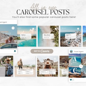 K&ouml;nnte beinhalten: Eine Sammlung von Instagram-Karussell-Postvorlagen f&uuml;r Reiseb&uuml;ros. Die Vorlagen zeigen Bilder von tropischen Reisezielen, darunter die Malediven, Maui, Santorini und die Seychellen. Der Text auf den Vorlagen enth&auml;lt S&auml;tze wie "5 der besten Inseln der Welt" und "Welche Art von Reisender bist du?"