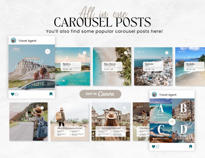 K&ouml;nnte beinhalten: Eine Sammlung von Instagram-Karussell-Postvorlagen f&uuml;r Reiseb&uuml;ros. Die Vorlagen zeigen Bilder von tropischen Reisezielen, darunter die Malediven, Maui, Santorini und die Seychellen. Der Text auf den Vorlagen enth&auml;lt S&auml;tze wie "5 der besten Inseln der Welt" und "Welche Art von Reisender bist du?"