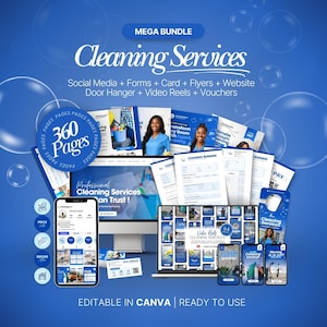 以下が含まれることがあります： 「MEGA BUNDLE Cleaning Services」と「360 Pages」のテキストが入った青色のグラフィック。ソーシャルメディア、フォーム、カード、チラシ、ウェブサイト、ドアハンガー、ビデオリール、バウチャーのモックアップが含まれています。「EDITABLE IN CANVA | READY TO USE」のテキストも表示されています。