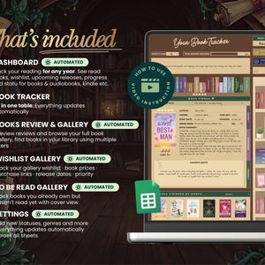 May include: A digital book tracker displayed on a laptop screen, showcasing features like a dashboard, book tracker, and wishlist gallery. The interface includes a book finder and a section for book reviews. The text "What's included" is at the top.