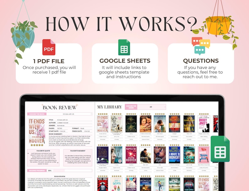 K&ouml;nnte beinhalten: Ein Computerbildschirm zeigt eine Website f&uuml;r Buchrezensionen mit einer Liste von B&uuml;chern und einem Google Sheets-Symbol. Die Website hat einen Bereich f&uuml;r Buchrezensionen und einen Bereich f&uuml;r eine pers&ouml;nliche Bibliothek. Die Website ist mit "Book Review" und "My Library" betitelt.