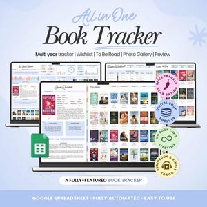 Puede incluir: Un rastreador de libros digital que se muestra en tres computadoras portátiles. El texto "All in One Book Tracker" está en la parte superior. Incluye un rastreador de varios años, lista de deseos, galería de fotos y secciones de revisión.