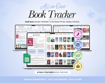 Book Journal Tracker, Digital Library Spreadsheet, Book Tracker Google Sheets Reading Log List, Book Review, Reading Journal, Blue Theme
