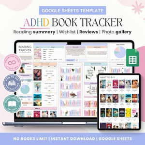 ADHD Book Tracker, Elenco di lettura Fogli Google, Biblioteca digitale personale, Foglio di calcolo del diario di lettura, Regalo per gli amanti dei libri, Collezione di libri