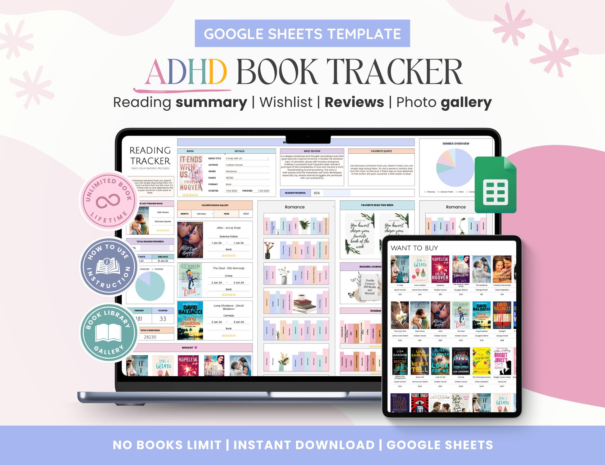 ADHD Book Tracker, Reading List Google Sheets, Personal Digital Library, Reading Journal Spreadsheet, Book Lovers Gift, Book Collection