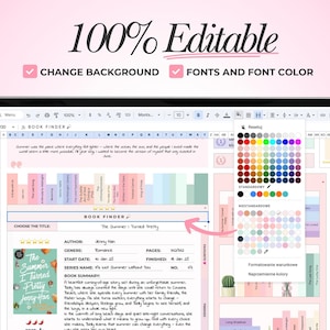 May include: A digital spreadsheet template for tracking books, featuring a Book Finder section, a book cover image for The Summer I Turned Pretty, and a color selection menu. The interface includes editable fields for author, genre, and summary.