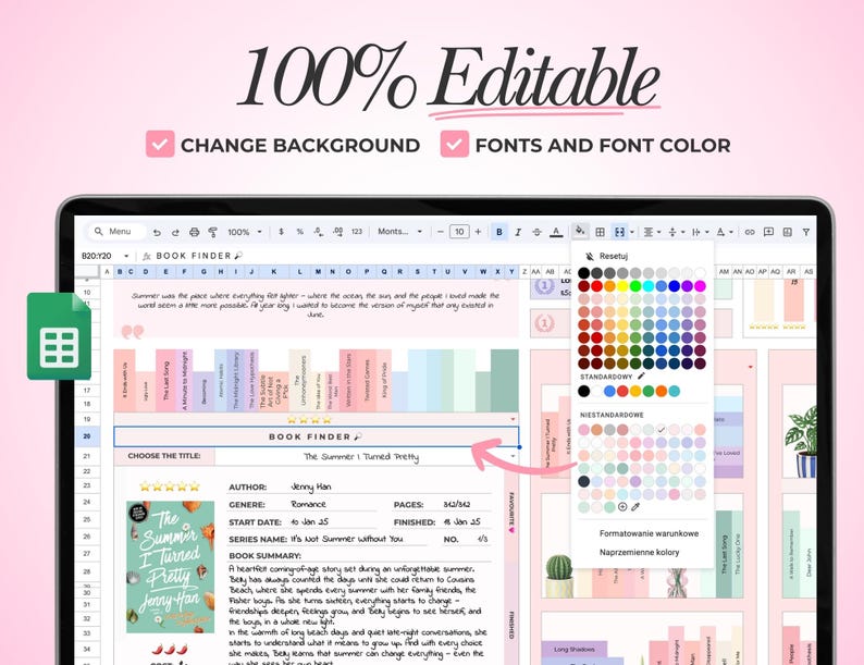 May include: A digital spreadsheet template for tracking books, featuring a Book Finder section, a book cover image for The Summer I Turned Pretty, and a color selection menu. The interface includes editable fields for author, genre, and summary.
