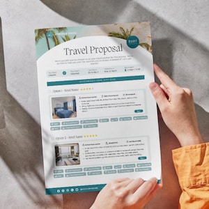 Op de afbeelding: Een reisvoorstel met een tropische achtergrondafbeelding. Het document bevat twee hotel opties met foto's, beschrijvingen en beoordelingen. Het document bevat ook een prijs van &euro; 1.987.