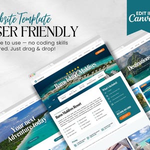 May include: A website template with the text "Website Template USER FRIENDLY" and "Edit in Canva". The website design features images of tropical destinations and the text "Baros Island, Maldives". The template is user-friendly.