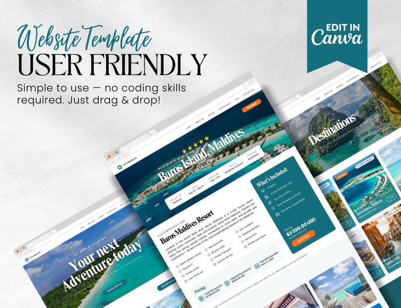 May include: A website template with the text "Website Template USER FRIENDLY" and "Edit in Canva". The website design features images of tropical destinations and the text "Baros Island, Maldives". The template is user-friendly.