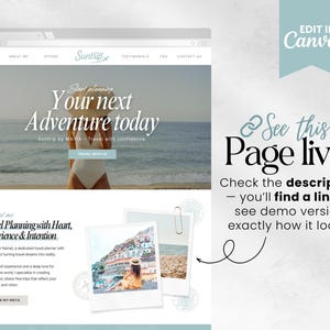 May include: A website mockup with the text "Start planning Your next Adventure today" and "Suntrip by MAVIA". The design includes a banner that says "Edit in Canva" and a call to action "Travel with us". The page also includes the text "See this Page live!"