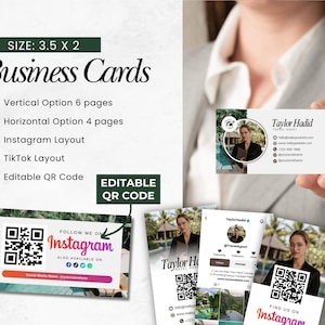 May include: Business cards with a white background and the text "Taylor Hadid, Travel Agent." The cards are 3.5 x 2 inches and include options for vertical and horizontal layouts, Instagram, TikTok, and an editable QR code.