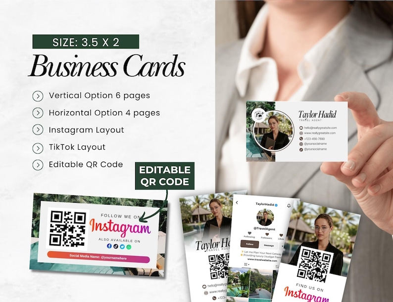 May include: Business cards with a white background and the text "Taylor Hadid, Travel Agent." The cards are 3.5 x 2 inches and include options for vertical and horizontal layouts, Instagram, TikTok, and an editable QR code.