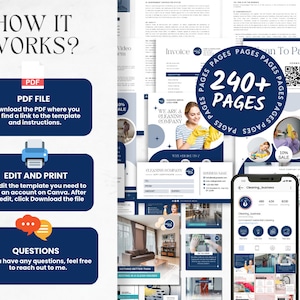 May include: A digital marketing package with a navy blue and white design. The image includes a PDF file download, editing instructions, and a question prompt. It also showcases cleaning service templates and social media posts.