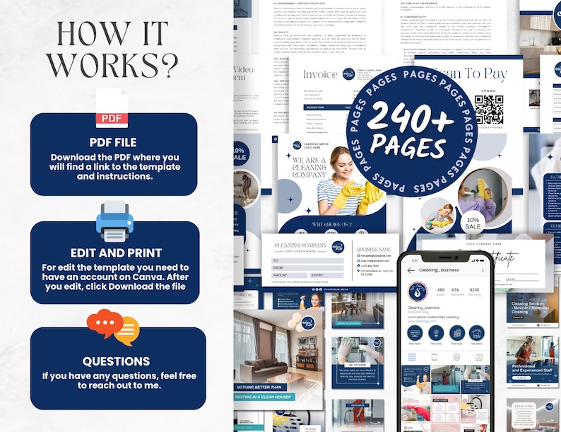 May include: A digital marketing package with a navy blue and white design. The image includes a PDF file download, editing instructions, and a question prompt. It also showcases cleaning service templates and social media posts.