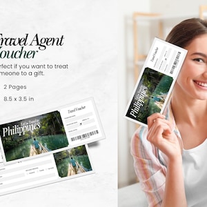 May include: A travel agent voucher with the text "Travel Agent Voucher" in a stylized font. The voucher features a scenic image of the Philippines and includes the text "Let's Travel to Philippines". The voucher measures 8.5 x 3.5 inches.