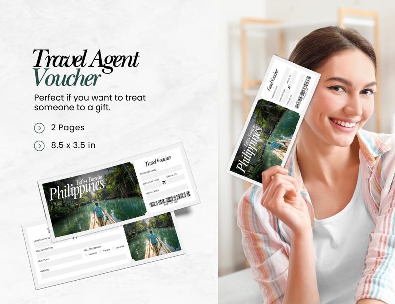 May include: A travel agent voucher with the text "Travel Agent Voucher" in a stylized font. The voucher features a scenic image of the Philippines and includes the text "Let's Travel to Philippines". The voucher measures 8.5 x 3.5 inches.