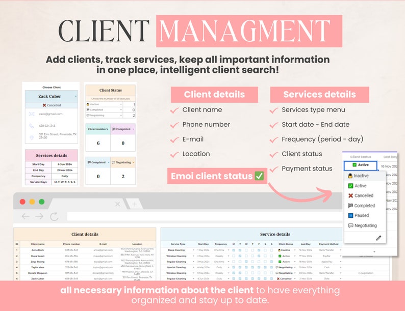 Cleaning Services CRM Bundle, Editable Client Tracker, Task Tracker