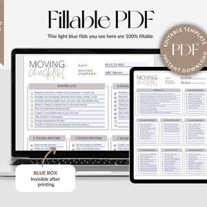 May include: A printable moving checklist with a light blue background and a brown header. The checklist is divided into sections for different timeframes before the move, including 8 weeks, 6 weeks, 4 weeks, 2 weeks, 1 week, and after moving. Each section includes a list of tasks to complete, such as researching moving companies, packing boxes, and changing your address.