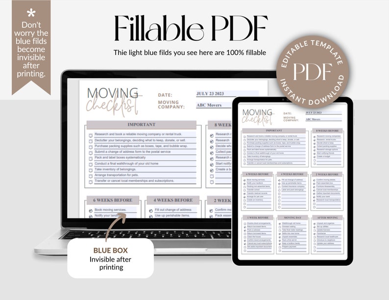 May include: A printable moving checklist with a light blue background and a brown header. The checklist is divided into sections for different timeframes before the move, including 8 weeks, 6 weeks, 4 weeks, 2 weeks, 1 week, and after moving. Each section includes a list of tasks to complete, such as researching moving companies, packing boxes, and changing your address.