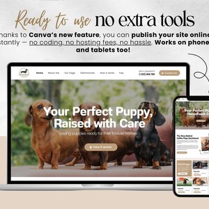 Puede incluir: Un port&aacute;til y un smartphone muestran un sitio web con cachorros de perro salchicha. El texto del sitio web dice "Your Perfect Puppy, Raised with Care". La imagen tambi&eacute;n incluye el texto "Ready to use no extra tools" e informaci&oacute;n sobre la publicaci&oacute;n de un sitio web.