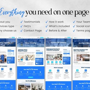 Op de afbeelding: Een webpagina-ontwerp in blauw en wit, met verschillende schoonmaakdiensten. De tekst luidt "Alles wat je nodig hebt op &eacute;&eacute;n pagina" en bevat functies zoals "Over jou", "Getuigenissen" en "Hoe het werkt".