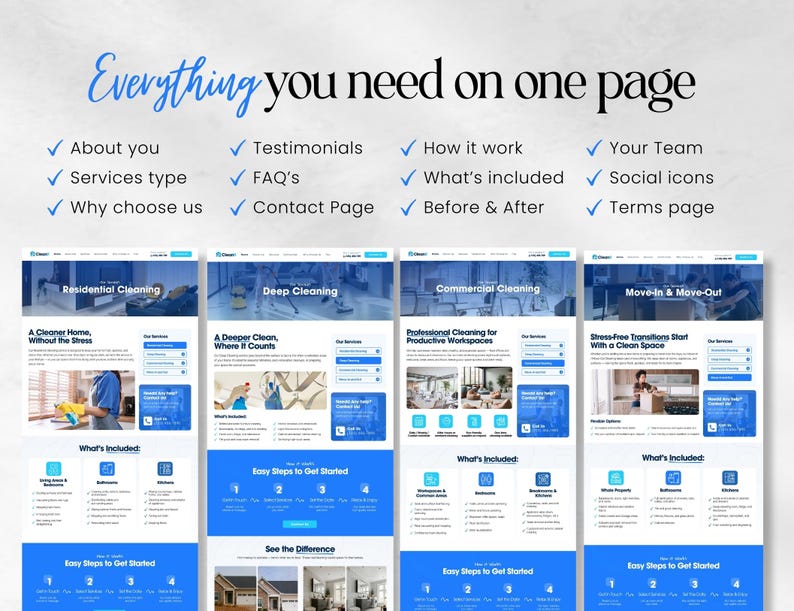 Op de afbeelding: Een webpagina-ontwerp in blauw en wit, met verschillende schoonmaakdiensten. De tekst luidt "Alles wat je nodig hebt op &eacute;&eacute;n pagina" en bevat functies zoals "Over jou", "Getuigenissen" en "Hoe het werkt".