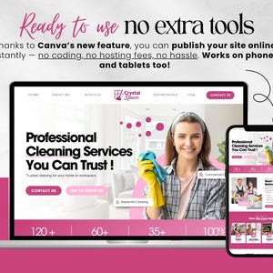 K&ouml;nnte beinhalten: Ein Laptop und ein Smartphone zeigen eine Website f&uuml;r professionelle Reinigungsdienste. Die Website zeigt eine Frau, die ein Reinigungstuch h&auml;lt und gelbe Handschuhe tr&auml;gt. Auf dem Bildschirm steht "Professionelle Reinigungsdienste, denen Sie vertrauen k&ouml;nnen!"