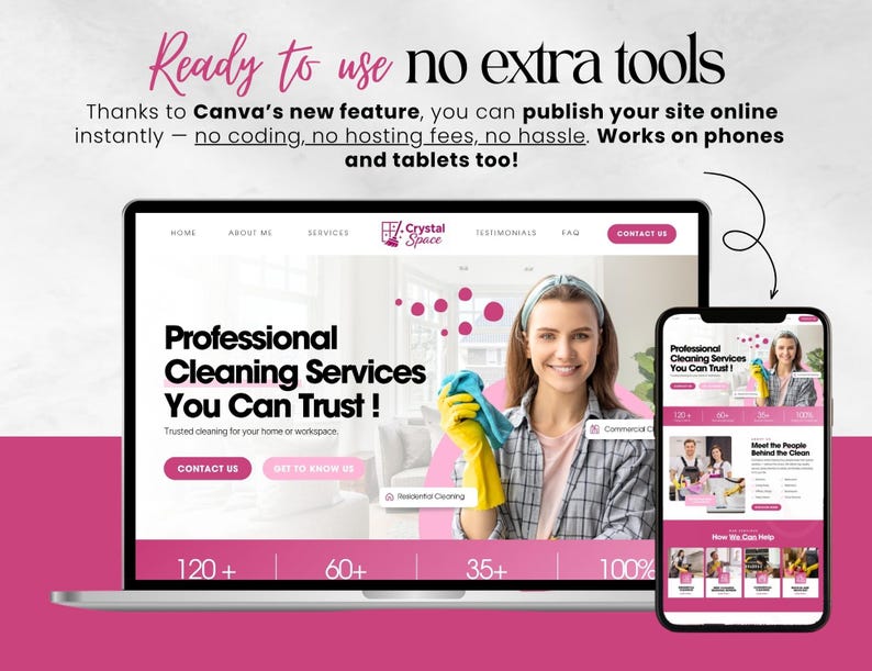 K&ouml;nnte beinhalten: Ein Laptop und ein Smartphone zeigen eine Website f&uuml;r professionelle Reinigungsdienste. Die Website zeigt eine Frau, die ein Reinigungstuch h&auml;lt und gelbe Handschuhe tr&auml;gt. Auf dem Bildschirm steht "Professionelle Reinigungsdienste, denen Sie vertrauen k&ouml;nnen!"