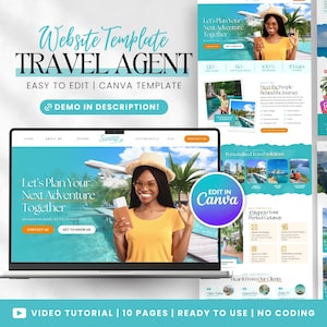 May include: A travel agent website template, shown on a laptop and a mobile phone. The design includes a woman in a yellow top and a straw hat, with the text "Let's Plan Your Next Adventure Together." The template is easy to edit in Canva.