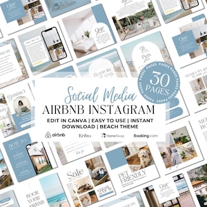以下が含まれることがあります： Airbnb リスト用ソーシャルメディアテンプレート30個のセット。テンプレートはビーチをテーマに、青と白の色でデザインされています。テンプレートはCanvaで簡単に編集でき、「なぜ私たちを選ぶのか」、「お問い合わせ」、「方法」、「Airbnbを予約する」、「セール」、「ペットフレンドリー」、「ホストに会う」、「私たちが大好きな詳細」、「私たちの場所」、「お会いできるのを楽しみにしています」、「リマインダー」、「私たちの」などのテキストが含まれています。