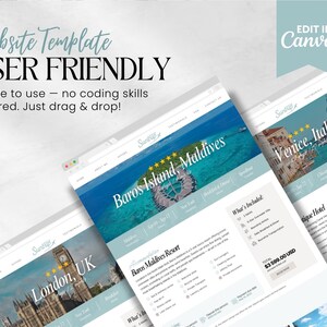 May include: A website template design with the text "Website Template USER FRIENDLY" and "Edit in Canva". The design showcases website mockups for Baros Island Maldives, London UK, and Venice Italy. The text "Simple to use - no coding skills required. Just drag & drop!" is also visible.