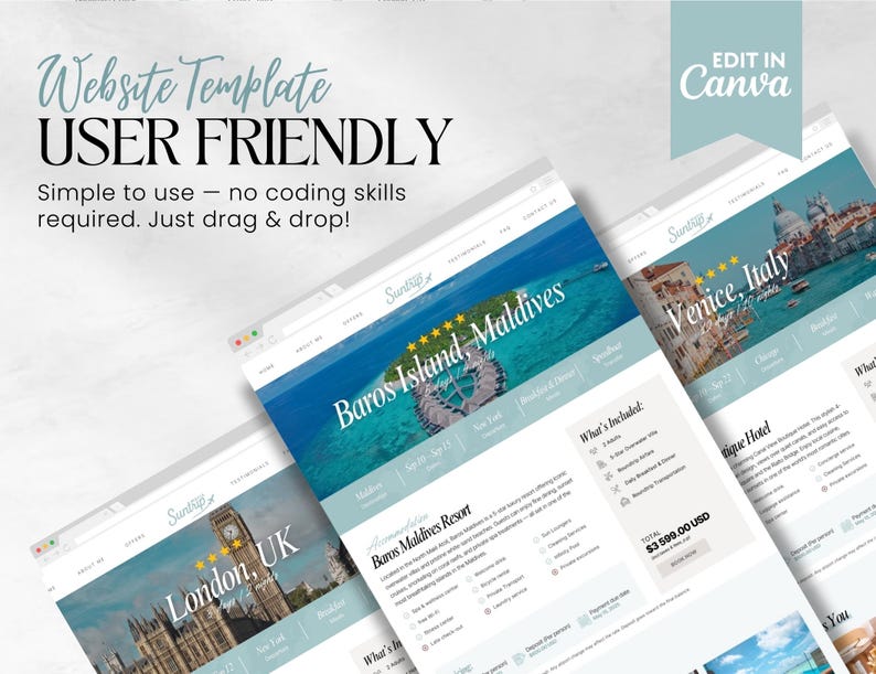 May include: A website template design with the text "Website Template USER FRIENDLY" and "Edit in Canva". The design showcases website mockups for Baros Island Maldives, London UK, and Venice Italy. The text "Simple to use - no coding skills required. Just drag & drop!" is also visible.