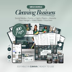 May include: A collection of cleaning business templates, including social media, forms, flyers, and website elements. The design features a teal and white colour scheme with the text "Cleaning Business" and "400 Pages". The templates are editable in Canva.