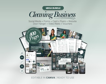 Puede incluir: Un paquete de plantillas para empresas de limpieza, que incluye gráficos para redes sociales, formularios, folletos y elementos web. El diseño presenta una combinación de colores turquesa y blanco con el texto "Cleaning Business" y "400 Pages". Plantillas editables en Canva.
