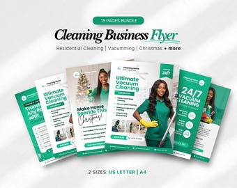 May include: A collection of cleaning business flyers in green and white, advertising services such as residential cleaning and vacuuming. The flyers feature the text "Cleaning Business Flyer", "Ultimate Vacuum Cleaning", and "24/7 Vacuum Cleaning", with a Christmas theme.