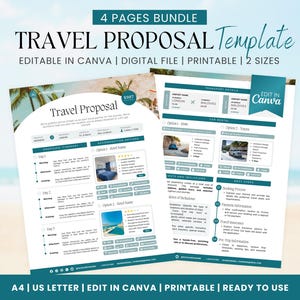 Op de afbeelding: Een vier pagina's tellende reisvoorsteltemplate in turquoise en wit met een tropische strandachtergrond. De template is bewerkbaar in Canva en bevat secties voor de route, accommodatieopties, transportdetails en de volgende stappen. De tekst "EDIT IN Canva" staat in een wit vak met een turquoise rand.