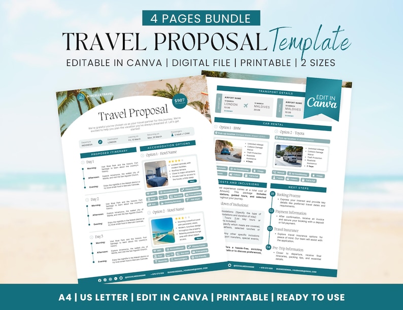 Op de afbeelding: Een vier pagina's tellende reisvoorsteltemplate in turquoise en wit met een tropische strandachtergrond. De template is bewerkbaar in Canva en bevat secties voor de route, accommodatieopties, transportdetails en de volgende stappen. De tekst "EDIT IN Canva" staat in een wit vak met een turquoise rand.