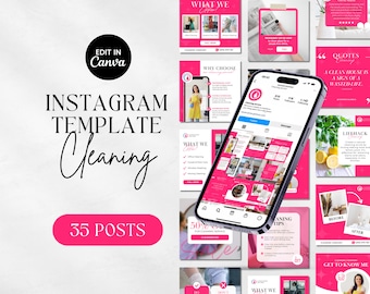 May include: A collection of 35 pink and white Instagram post templates for a cleaning service business. The templates feature text such as "What We Offer", "Why Choose Us", "Cleaning Tips", "Quotes", "Lifehack", "Get to Know Me", and "50% Off Cleaning Service".