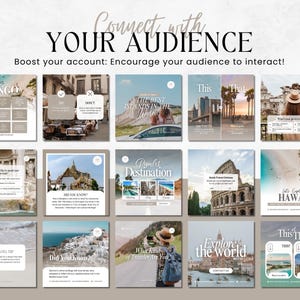 K&ouml;nnte beinhalten: Eine Collage aus 12 Instagram-Post-Vorlagen f&uuml;r Reiseblogger. Die Vorlagen zeigen Bilder beliebter Reiseziele, darunter das Kolosseum in Rom, der Trevi-Brunnen in Rom und der Grand Palace in Bangkok. Die Vorlagen enthalten auch Text-Aufforderungen f&uuml;r die Interaktion mit Followern, wie z. B. "Dies oder Das" und "Wusstest du?"