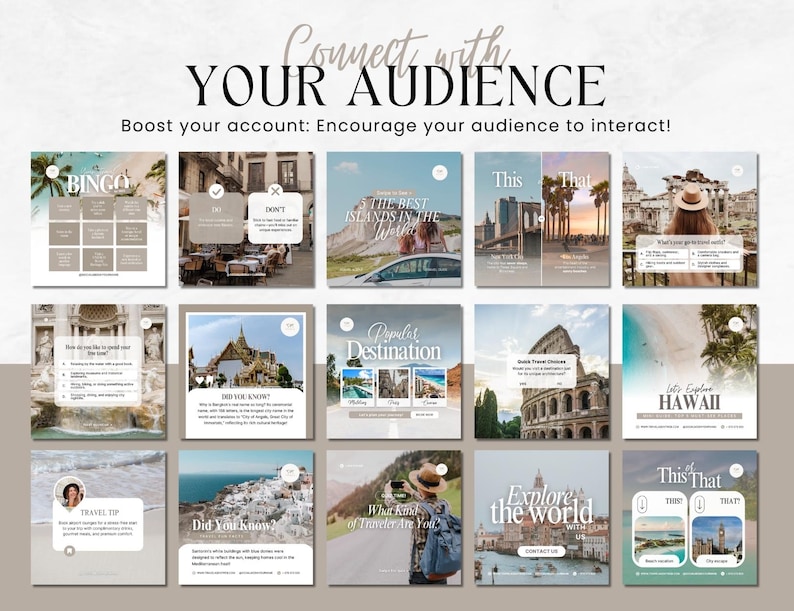 K&ouml;nnte beinhalten: Eine Collage aus 12 Instagram-Post-Vorlagen f&uuml;r Reiseblogger. Die Vorlagen zeigen Bilder beliebter Reiseziele, darunter das Kolosseum in Rom, der Trevi-Brunnen in Rom und der Grand Palace in Bangkok. Die Vorlagen enthalten auch Text-Aufforderungen f&uuml;r die Interaktion mit Followern, wie z. B. "Dies oder Das" und "Wusstest du?"