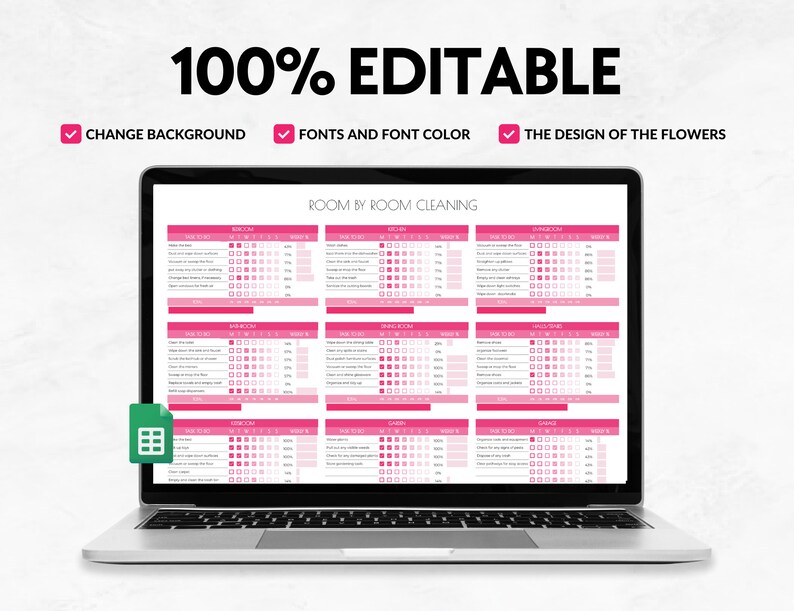 Op de afbeelding: Een laptopscherm dat een roze en witte printbare schoonmaakchecklist weergeeft met de titel "Kamer voor kamer schoonmaken". De checklist bevat taken voor elke kamer, zoals slaapkamer, badkamer, keuken en woonkamer. De checklist is verdeeld in secties voor elke dag van de week, met vinkjes voor elke taak. De laptop staat op een wit oppervlak.