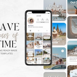 K&ouml;nnte beinhalten: Ein Telefonbildschirm zeigt ein Social-Media-Profil mit einem Raster von Reisebildern. Die Bilder zeigen Ziele wie Thailand, die Welt und die besten Orte der Welt. Der Text "Explore the world" und "Spare viel Zeit mit vorgefertigten Vorlagen" ist ebenfalls sichtbar.